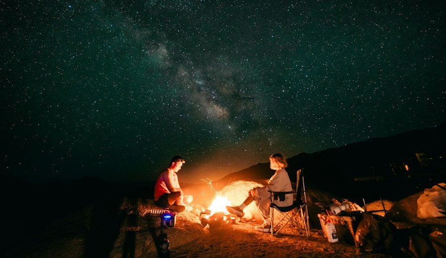 Friends around a campfire under a starry sky